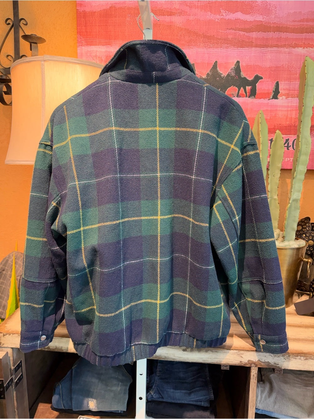 Green Navy Plaid Bomber Jacket Zip Front R Patch