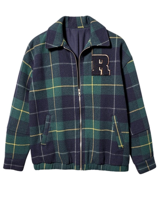 Green Navy Plaid Bomber Jacket Zip Front R Patch