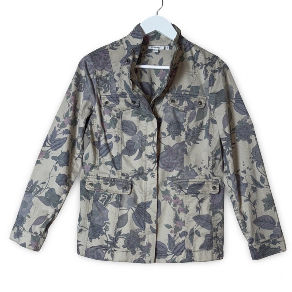 CHICO'S floral utility jacket, gray and cream