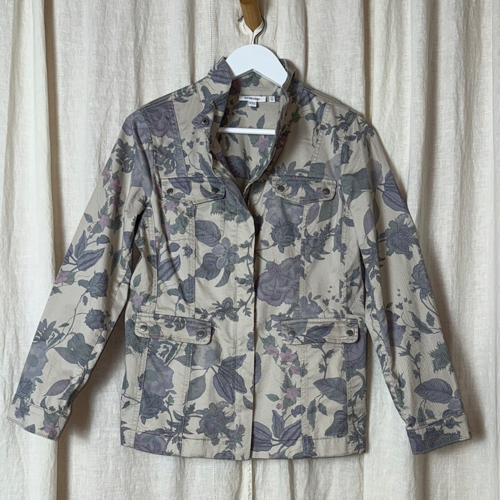 CHICO'S Floral Utility Jacket Gray Cream Button Front Size 0 (US Small)