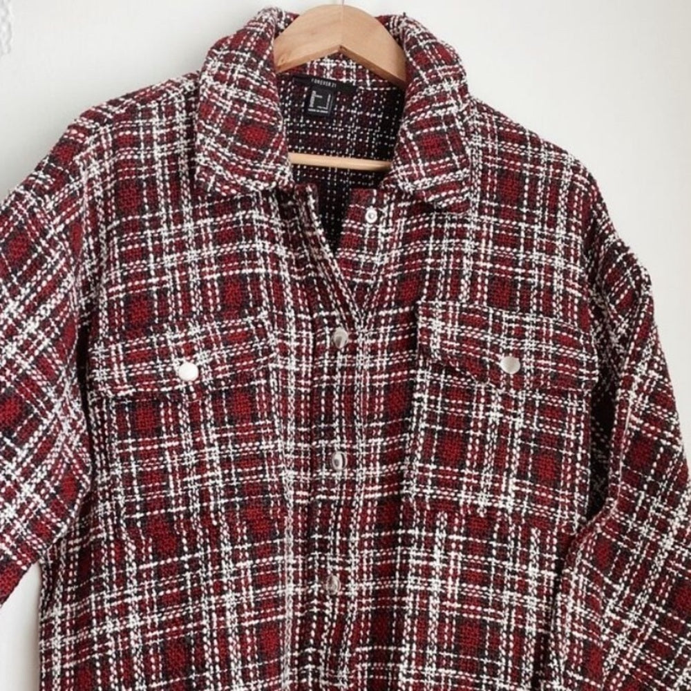 FOREVER 21 Plaid Bouclé Shacket Fringe Oversized Jacket S