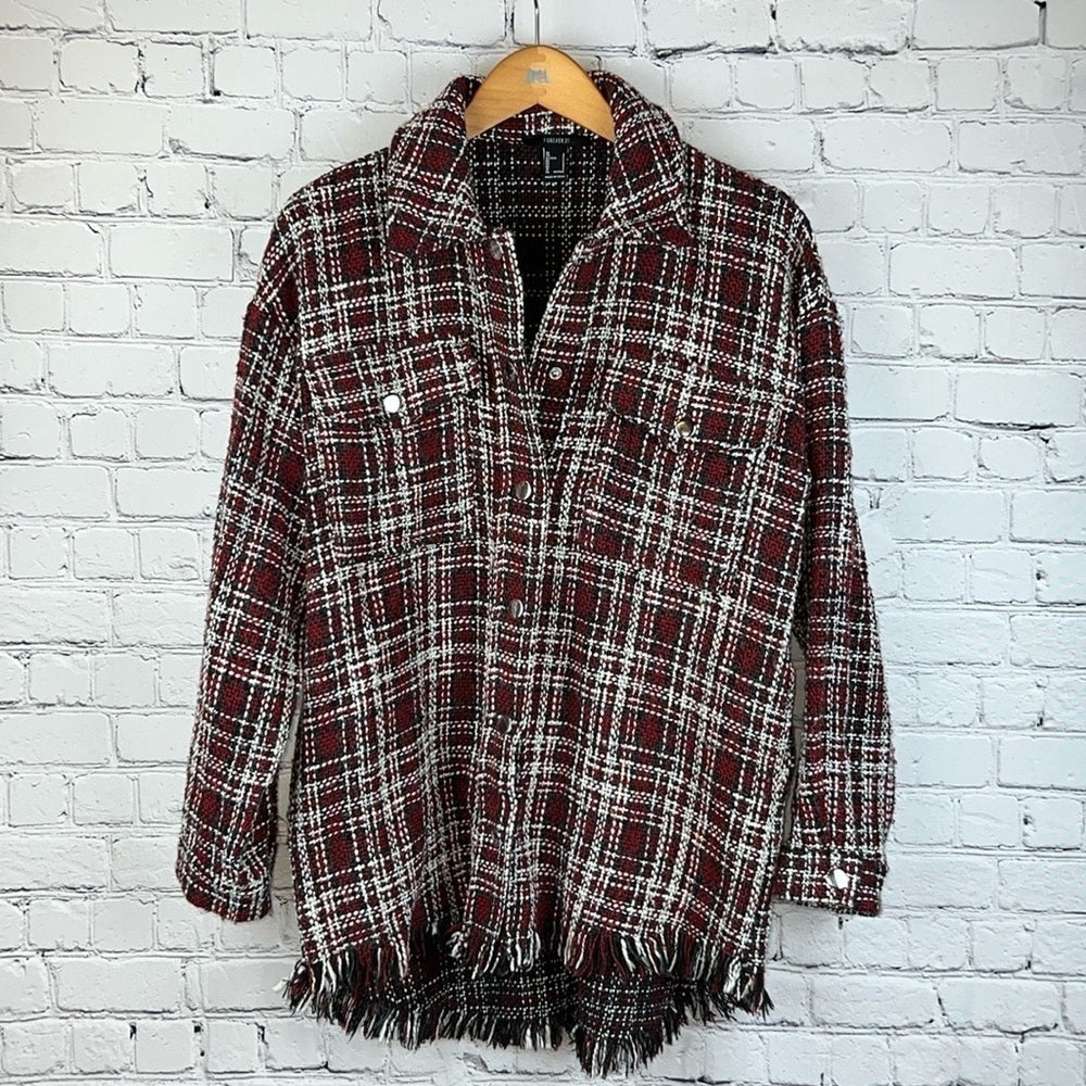 FOREVER 21 Plaid Bouclé Shacket Fringe Oversized Jacket S