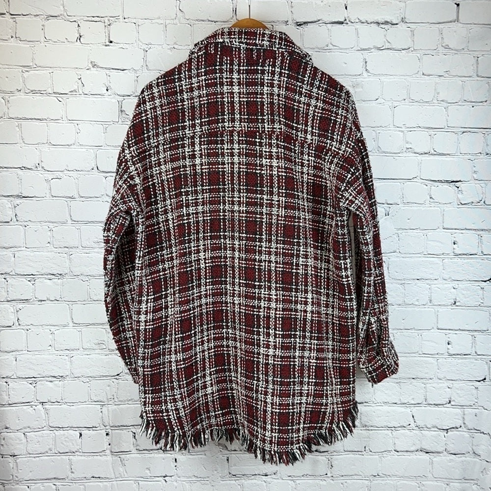 FOREVER 21 Plaid Bouclé Shacket Fringe Oversized Jacket S