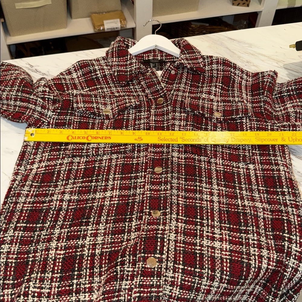 FOREVER 21 Plaid Bouclé Shacket Fringe Oversized Jacket S