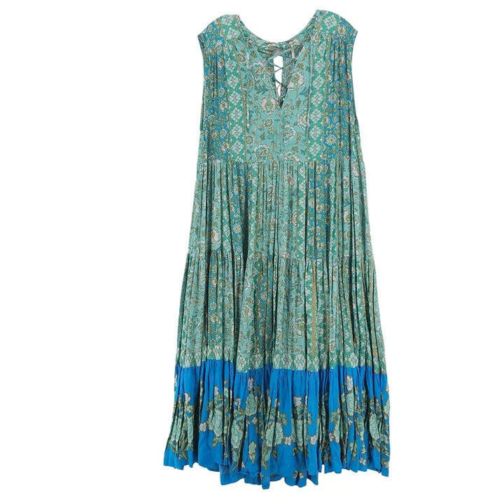 FREE PEOPLE Hanalei Bay Lace-Up Maxi Dress Flowy Tiered Boho Oversized M
