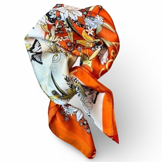 NORACORA Orange Silk Scarf w/ Music & Butterflies, 21” x 21”