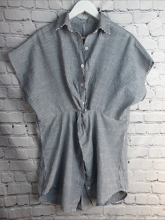 Striped Tie-Front Button-Up Top in Blue and White