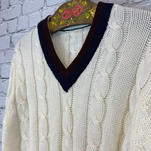 PREPPY V-Neck Cable Varsity Sweater, Size M