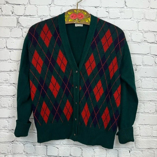 VINTAGE SCOTTISH CASHMERE Preppy Argyle Sweater, Green, Navy, Red, Size M