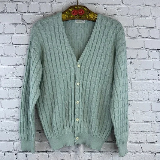 VINTAGE Italian Tennis Prep Knit Cardigan Sweater, Sea Foam Green, Size M