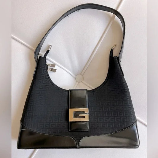 Black Leather & “G” Monogram Purse with Silver Tone G and Double Zip