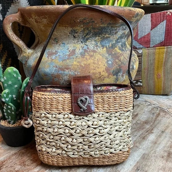 BRIGHTON Wicker Woven Shoulder Bag Tote Purse, with Heart Charm