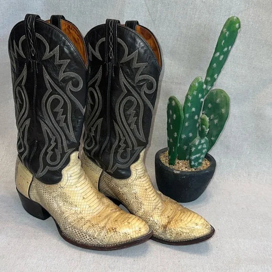 J Chisholm Women’s Western Cowboy Boots, Choc Leather/Yellow Snakeskin, Size 9D
