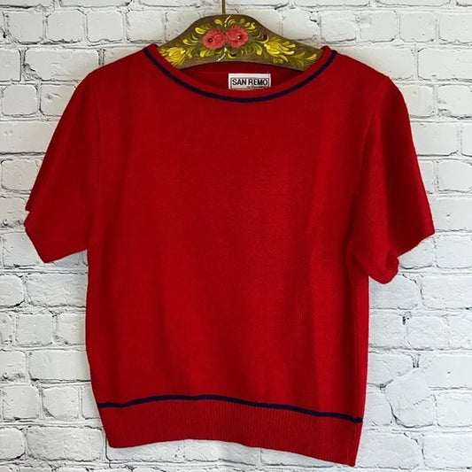 VINTAGE Red Knit & Navy Crew Neck Sweater from SAN REMO, by Laura Knits, Size M