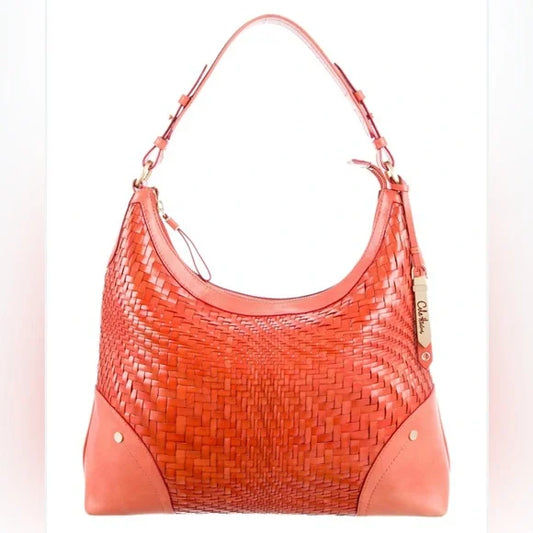 COLE HAAN Genevieve Weave Hobo Purse Tote Orange Leather, Intrecciato