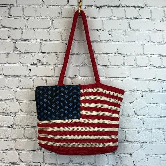 AMERICAN FLAG Red White & Blue Crochet Bag Purse Tote