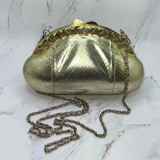 LE-ANN Vintage Gold Leather Evening Bag in Gold w/Chain and Snap Click Closure
