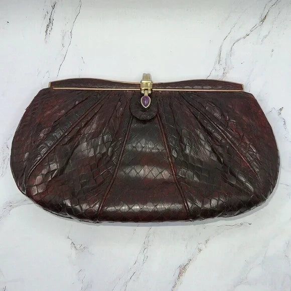 JUDITH LIEBER Vintage Purple Burgundy Snakeskin Evening Bag w/Amethyst Closure