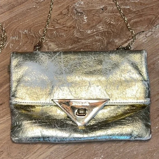 RENATO ANGI Distressed Gold Metallic Leather Evening Clutch w/Chain & Mirror