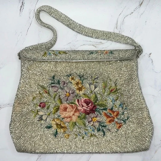 VINTAGE Beautiful Embroidered & Hand-Beaded in Belgium Handbag Purse with Roses