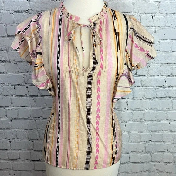 MARIA CHER. LULI Top V Neck Front Tie Closure, Pattern: Chascomus, Size L, NWT