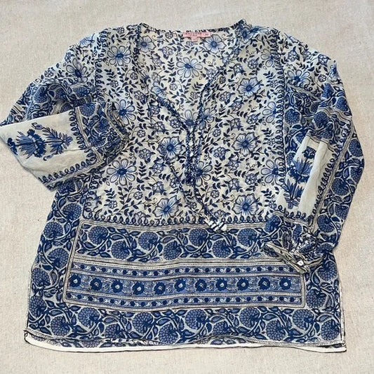CALYPSO ST BARTH BLUE & White Indian Block Print Tunic Top, Size XS