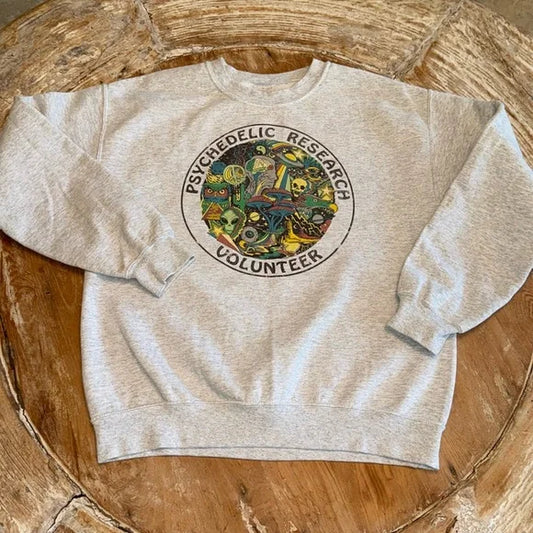 VINTAGE Psychedelic Research Volunteer Gray Sweatshirt, Size M