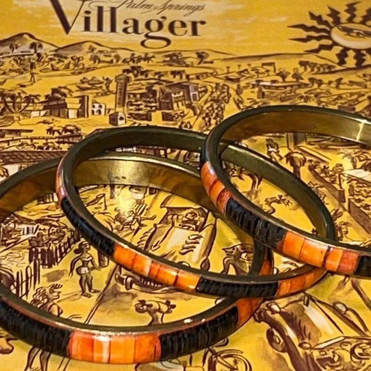 BANGLE BRACELETS Set of 3 Brass Inlay w/Coral