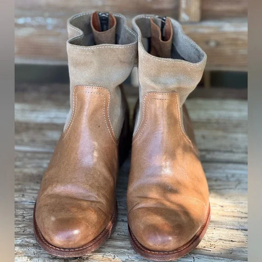FRYE Tan Leather & Suede Booties – Boho Cowgirl Chic, Size 8