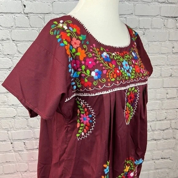 VINTAGE Hand-embroidered Dress 100% Cotton Burgundy Oaxaca, Size S