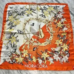 NORACORA Orange Silk Scarf w/ Music & Butterflies, 21” x 21”