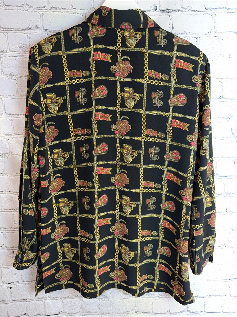 TESS Vintage Black Gold Chain Medallion Print Blouse Button Up M