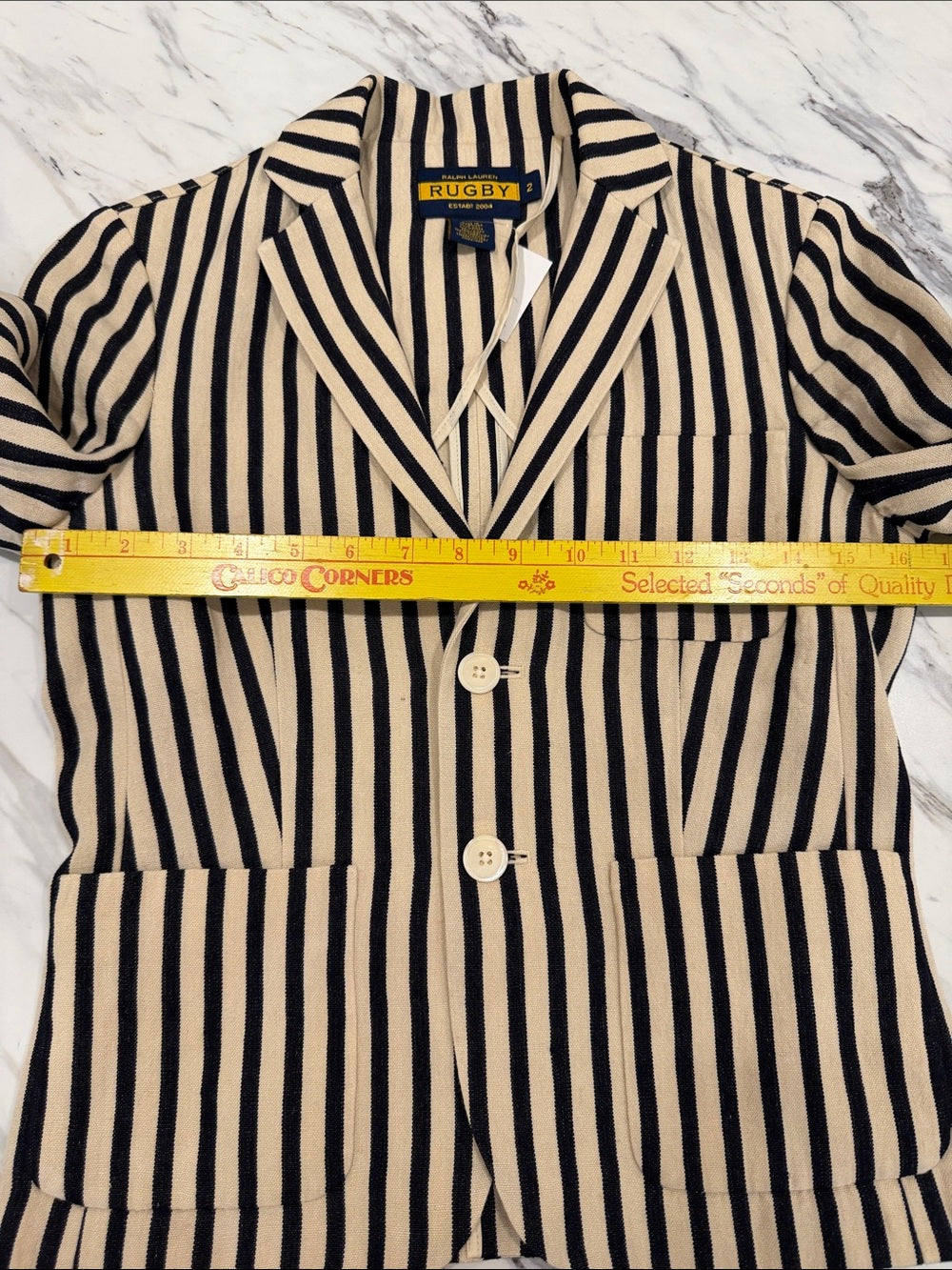 RUGBY RALPH LAUREN Linen Blazer Navy Cream Striped Preppy Jacket Size 2