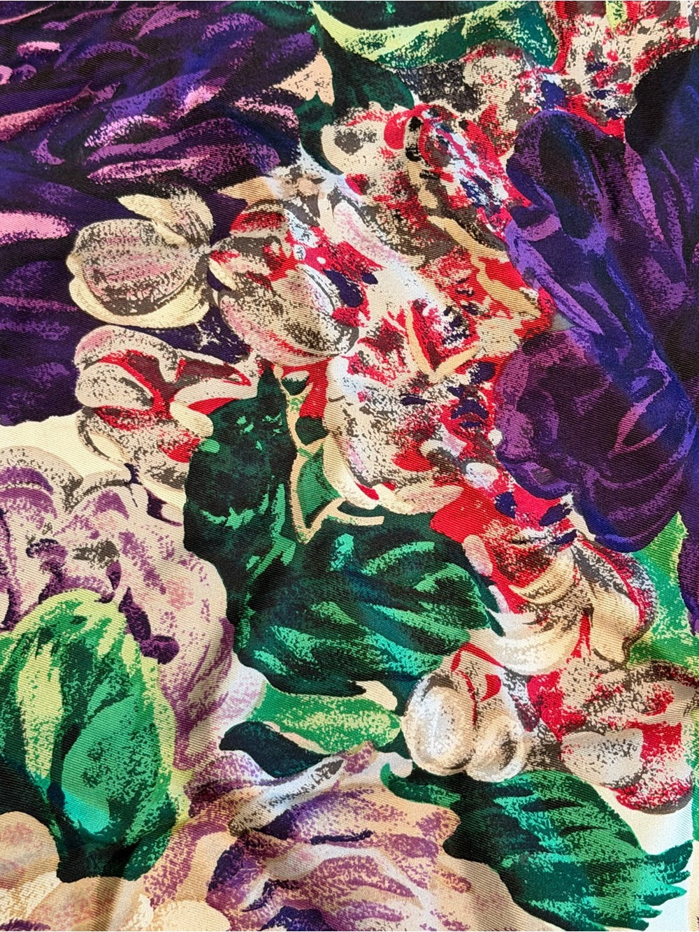 PERRY ELLIS Silk Floral Scarf Purple Ivory Green Square 38” Vintage!