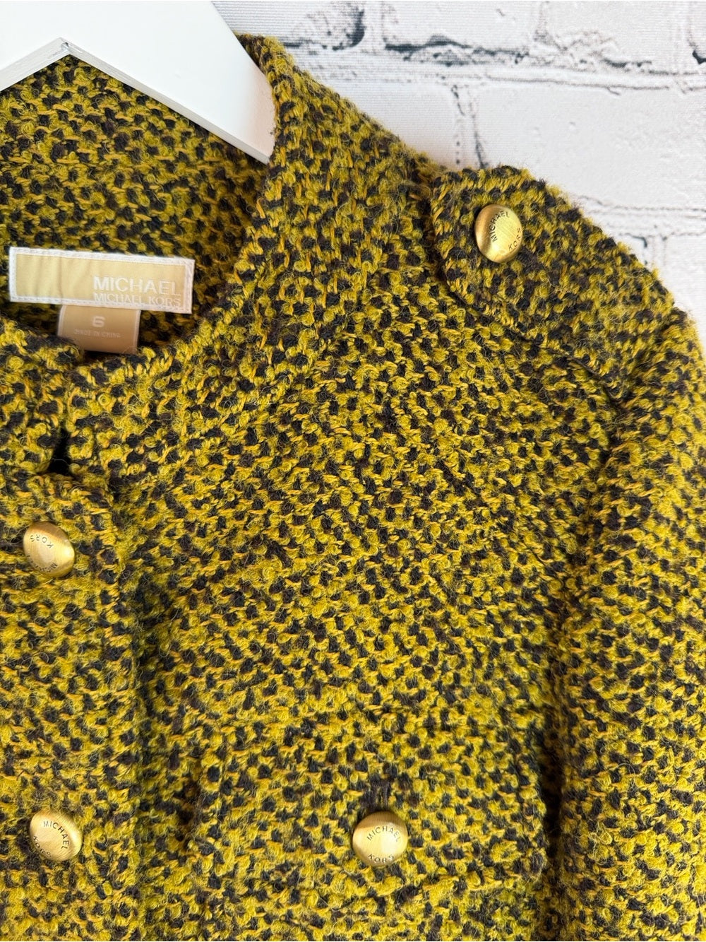 MICHAEL KORS Olive Green Boucle Tweed Jacket Gold Buttons Military