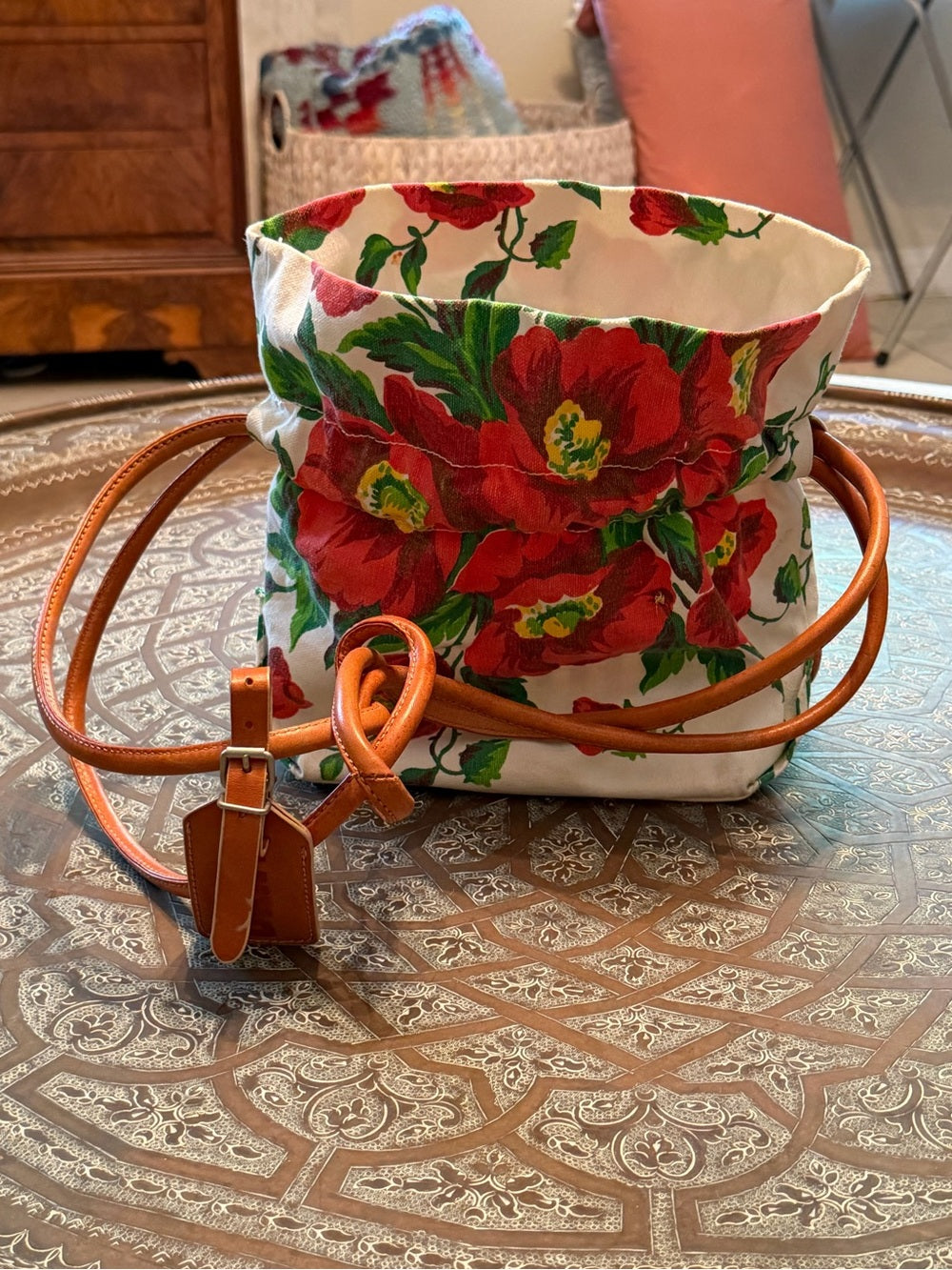 DKNY Red Floral Canvas Crossbody with Tan Leather Strap