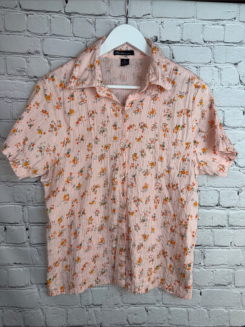 BILL BLASS Pink Floral Button Up Blouse Tangerine Print S/S