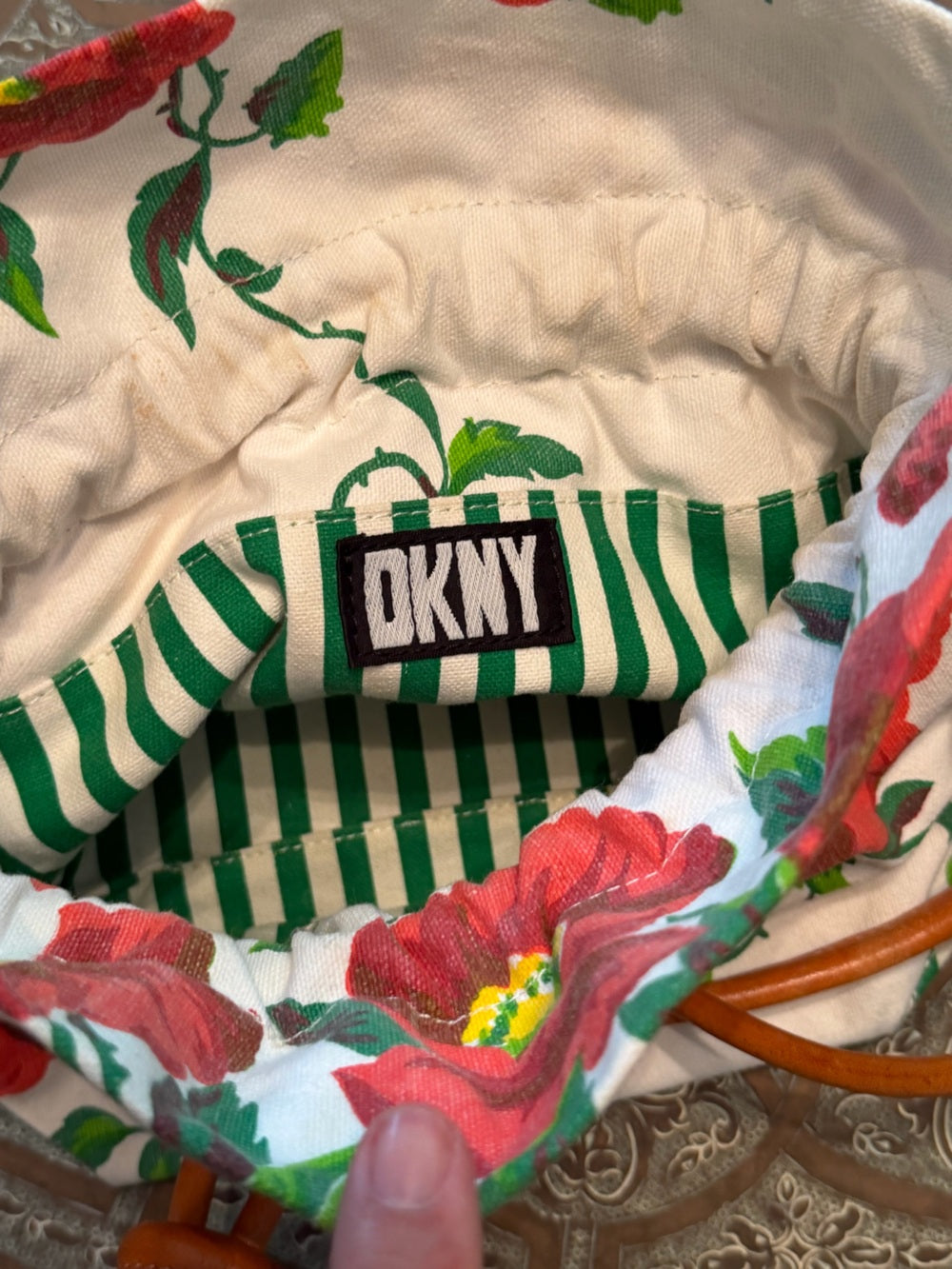 DKNY Red Floral Canvas Crossbody with Tan Leather Strap