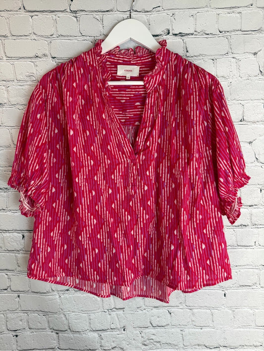 XIRENA Pink Red Aztec V Neck Cotton Blouse Balloon Sleeve M