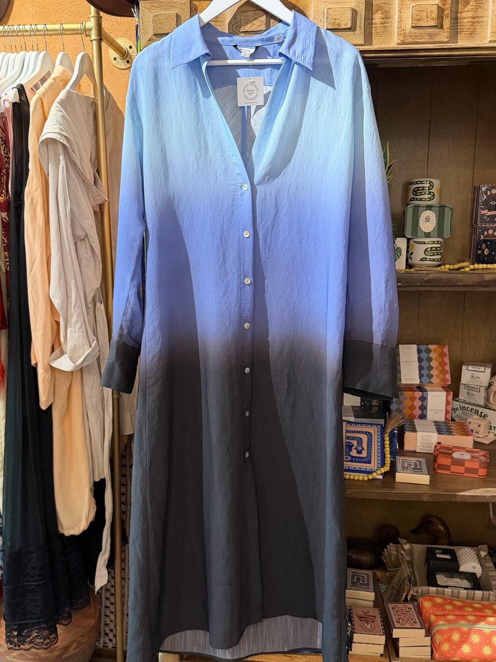 Ombre Blue to Black Long Button-Front Shirt Dress