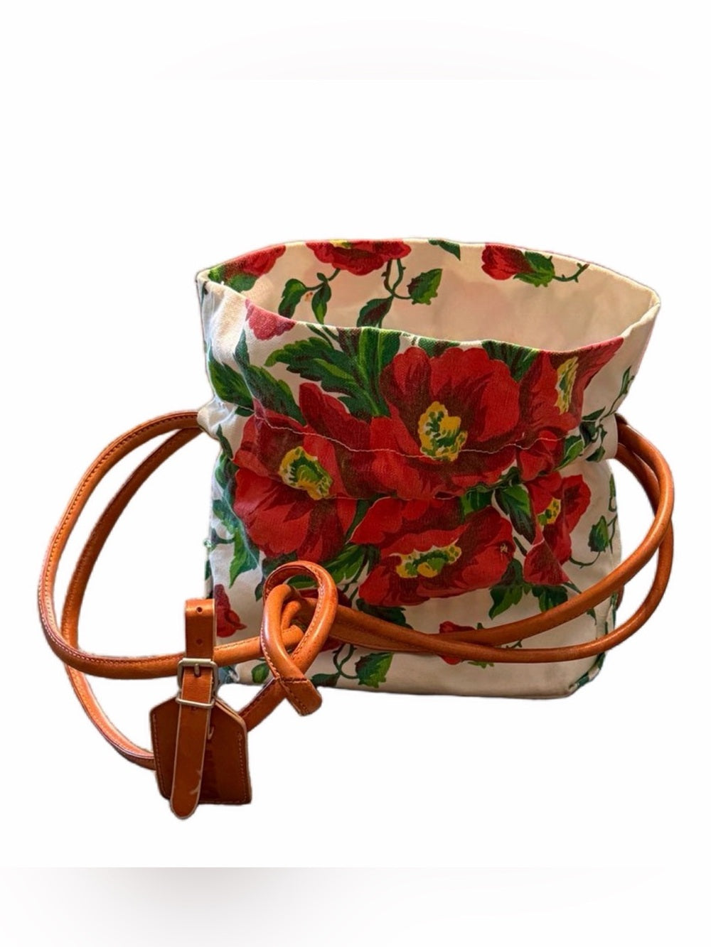DKNY Red Floral Canvas Crossbody with Tan Leather Strap
