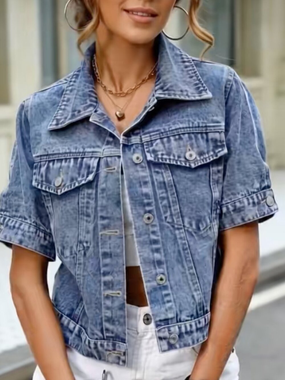 Cropped Denim Short-Sleeve Jacket | Y2K Streetwear | Button-Front Jean Jacket