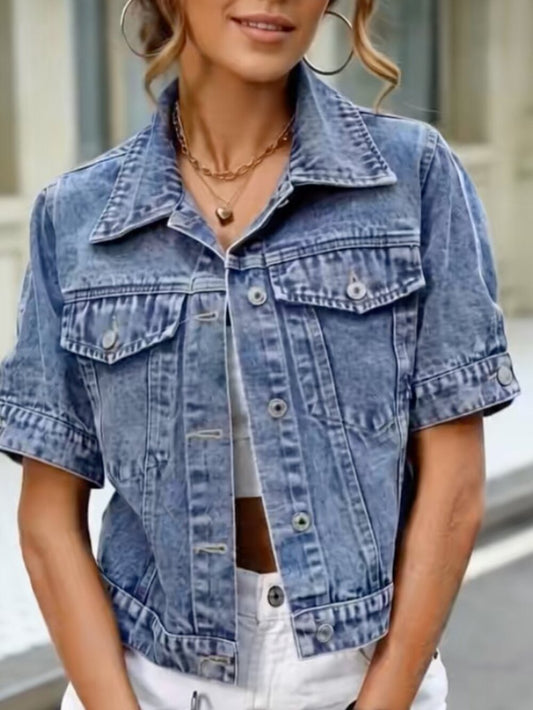 Cropped Denim Short-Sleeve Jacket | Y2K Streetwear | Button-Front Jean Jacket