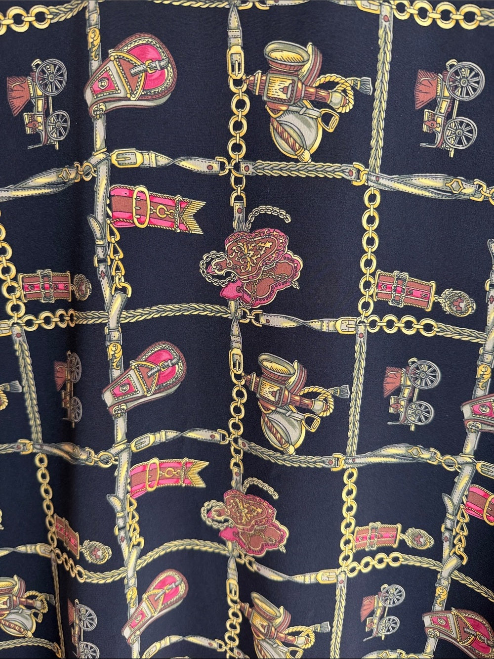 TESS Vintage Black Gold Chain Medallion Print Blouse Button Up M