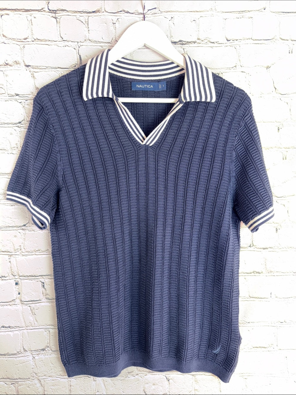 NAUTICA Knit Sweater Polo Johnny Collar Navy White Men’s S