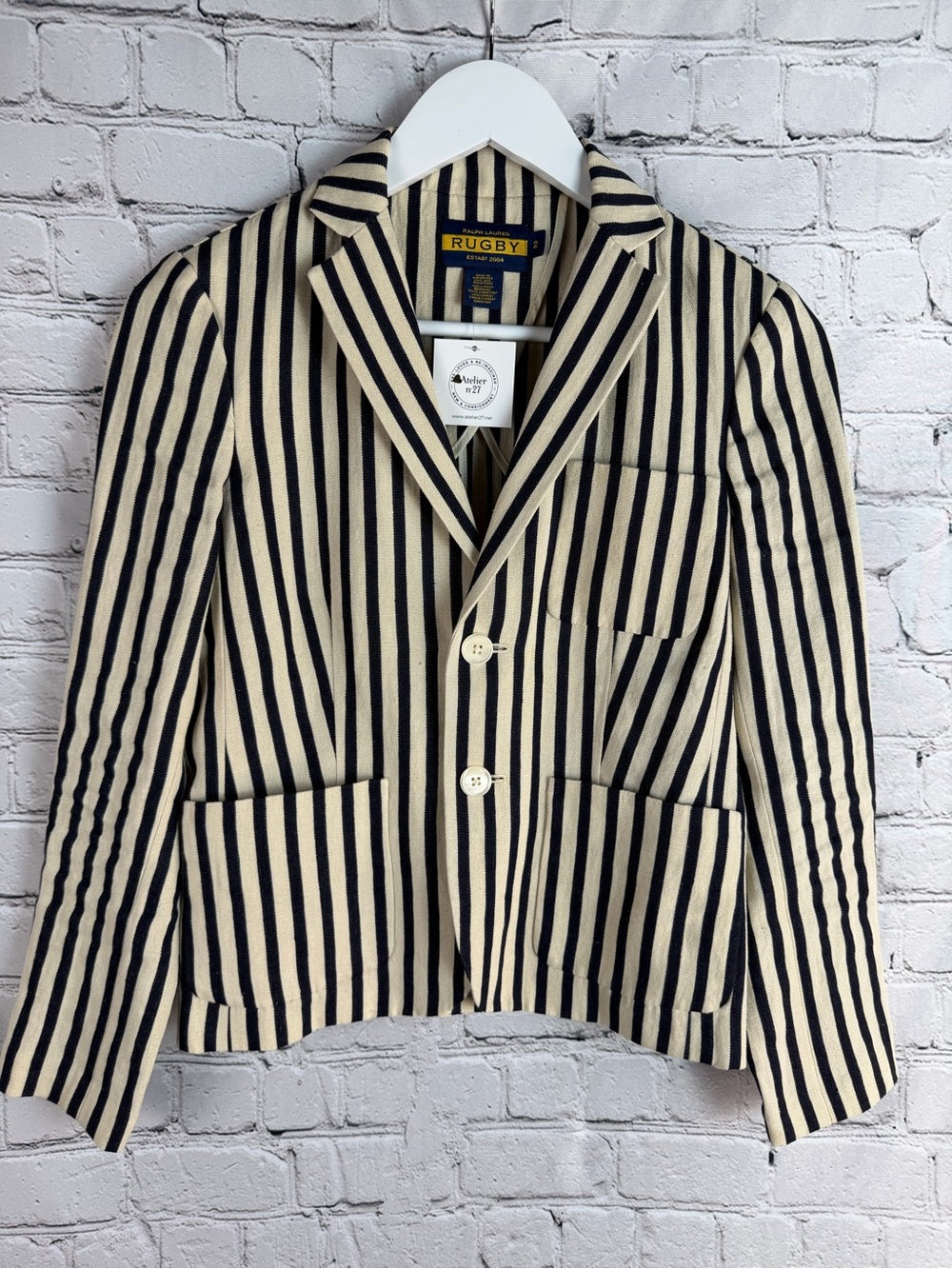 RUGBY RALPH LAUREN Linen Blazer Navy Cream Striped Preppy Jacket Size 2