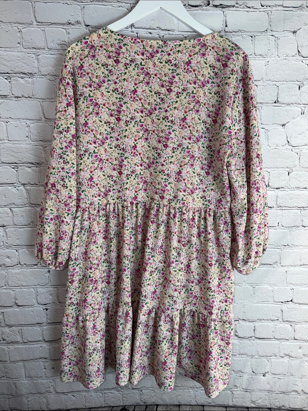 MANGO Pink Ditsy Floral Mini Smock Dress Cream V Neck Tiered XL
