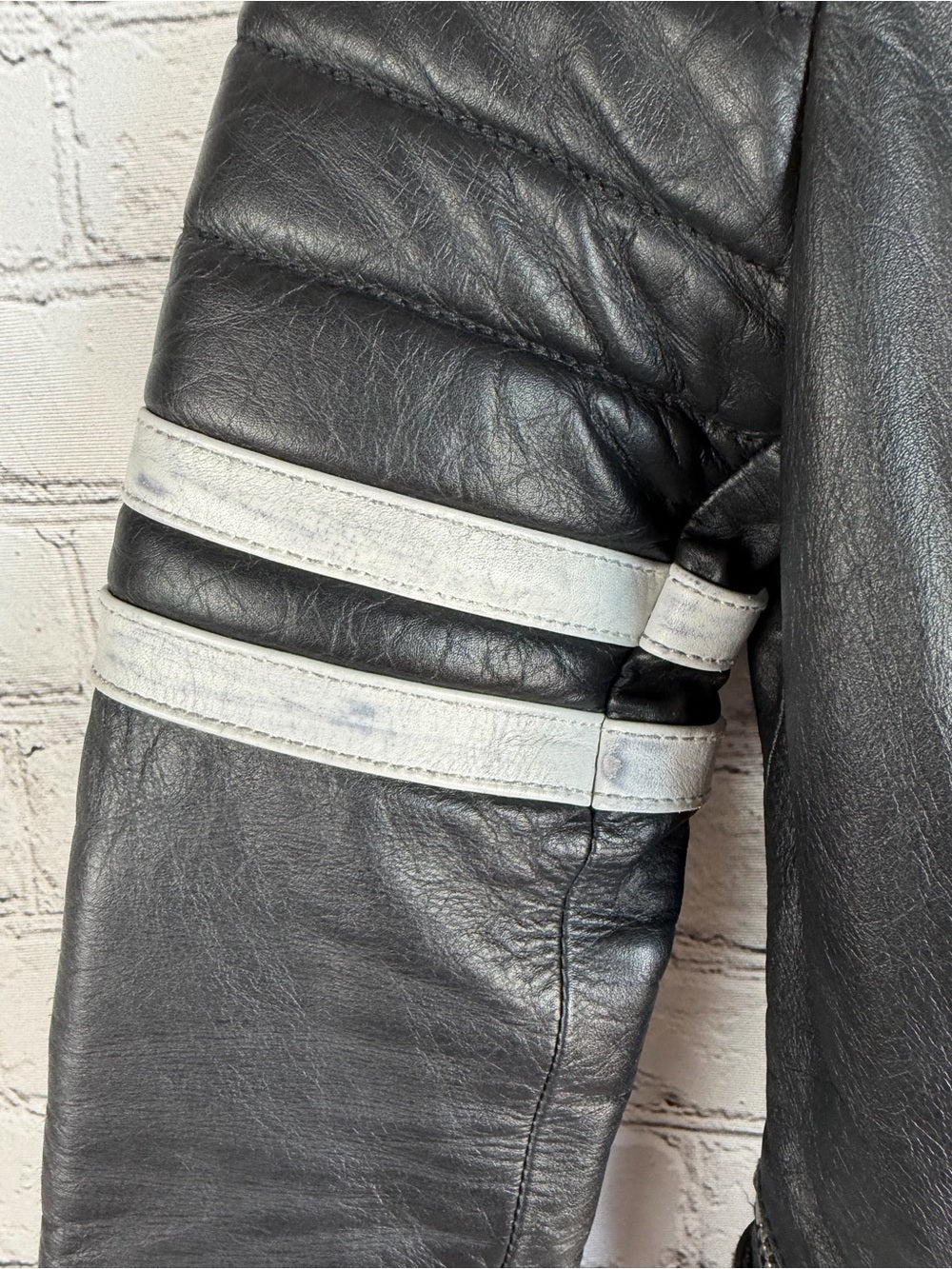 Rare Ralph Lauren Distressed Moto Leather Jacket Black/White Striped