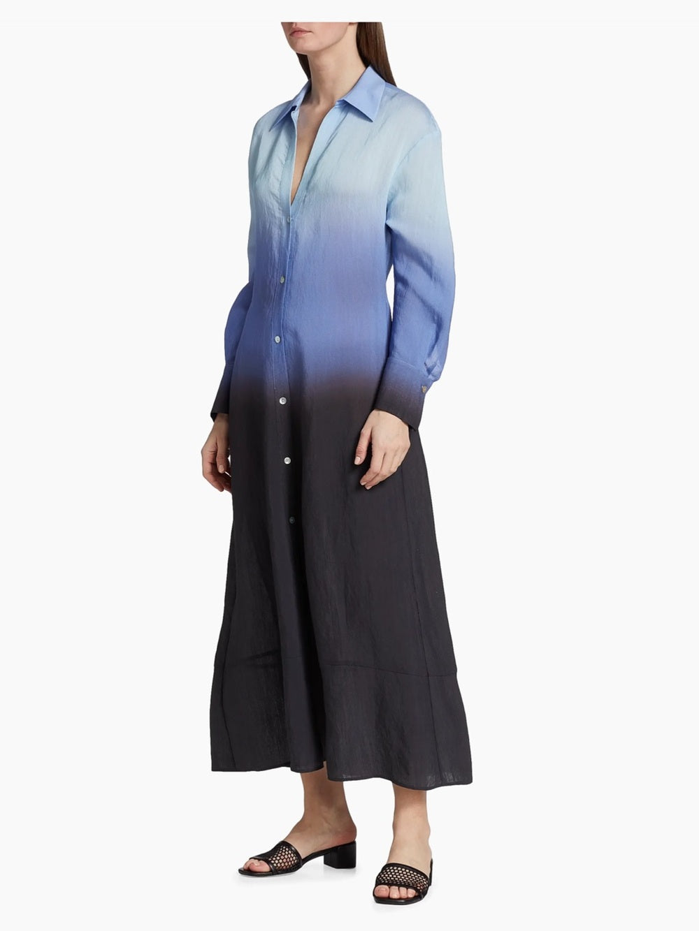 Ombre Blue to Black Long Button-Front Shirt Dress