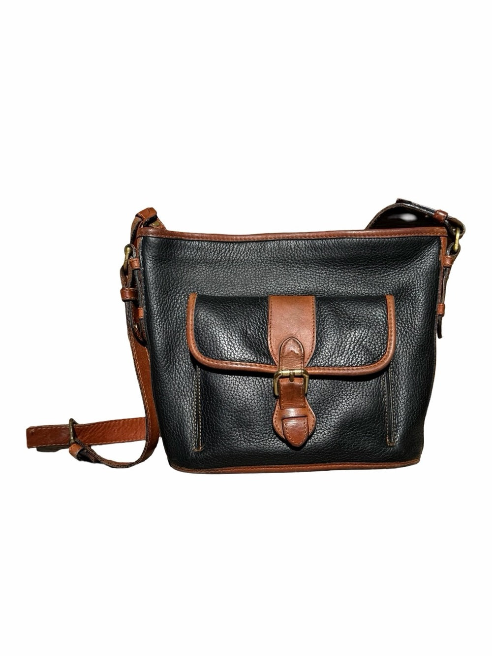 LIZ CLAIBORNE Black Brown Leather Messenger Bag Crossbody Brass Hardware